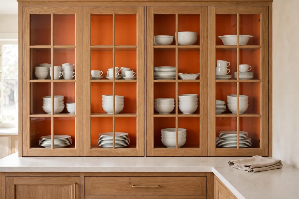 Glass front kitchen cabinets with orange painted back panels and white dishes inside.