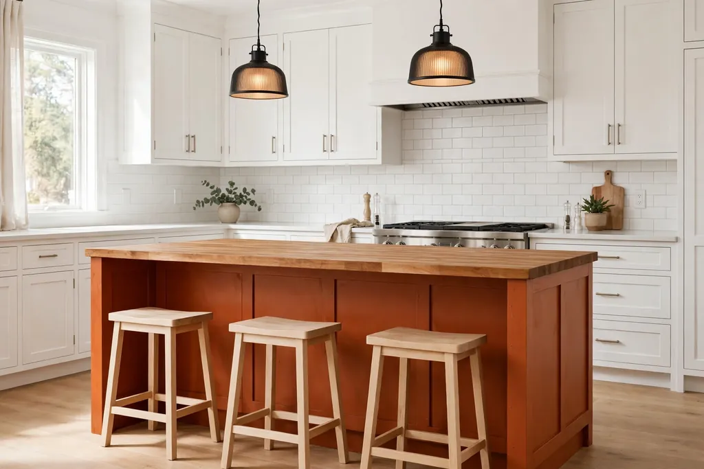 Burnt orange kitchen island with a wood top and plain stools in a white kitchen.