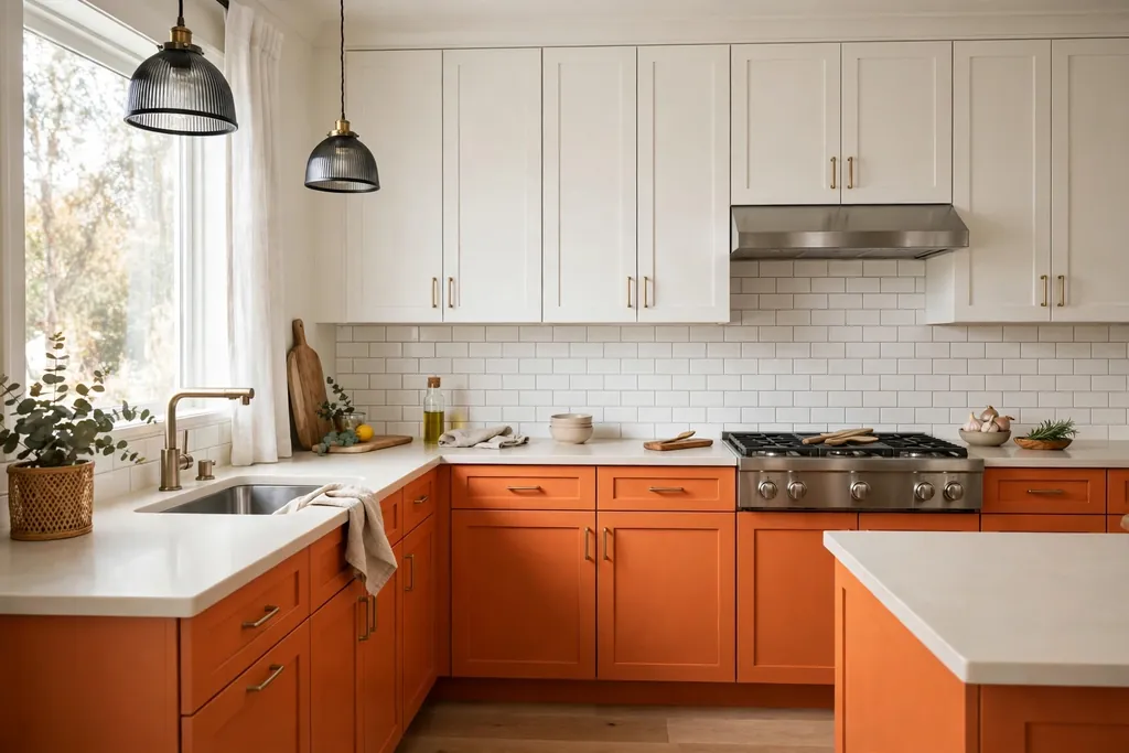 Kitchen with orange painted lower cabinets and white upper cabinets and plain light counters.