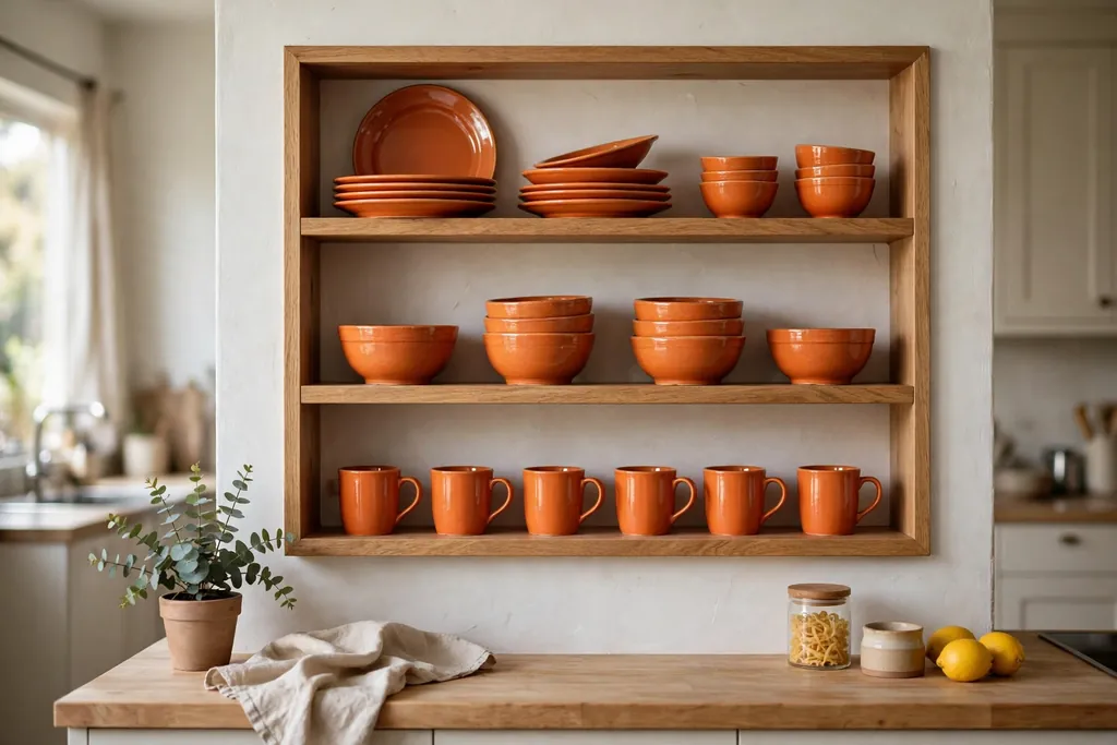 Open kitchen shelves holding orange plates and bowls and mugs.