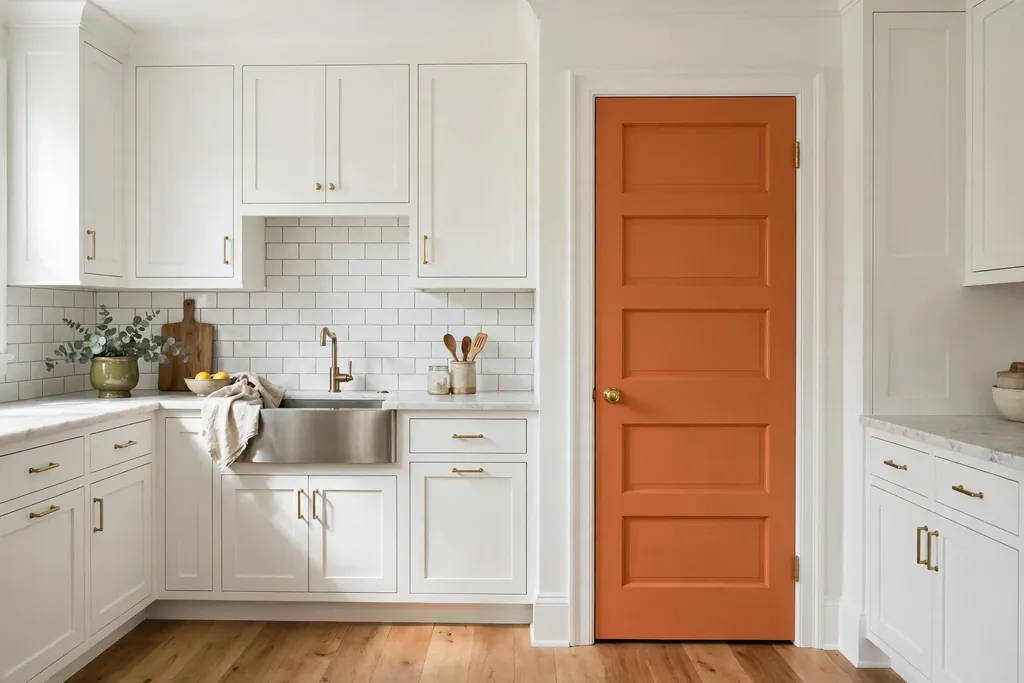 Orange painted pantry door in a white kitchen.