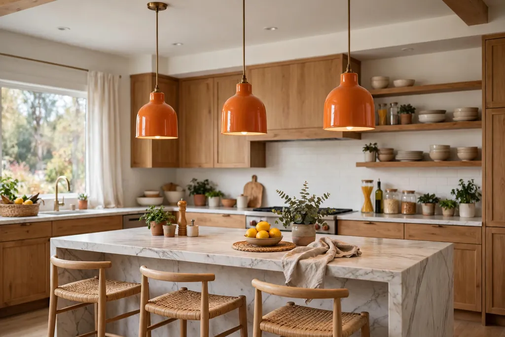 Orange pendant lights hanging over a kitchen island.