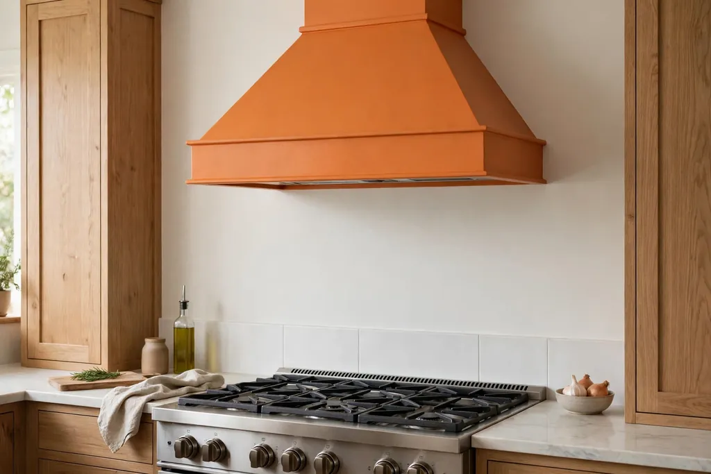 Orange painted range hood over a stove with a plain backsplash.