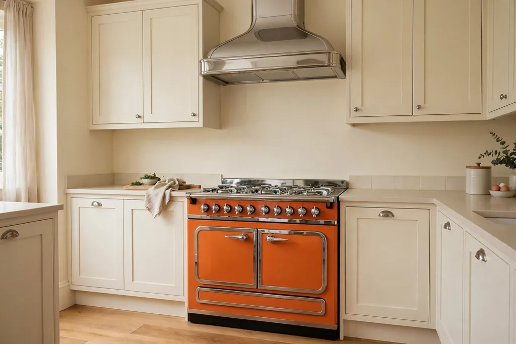 Orange retro range cooker with chrome trim in a plain cream kitchen.