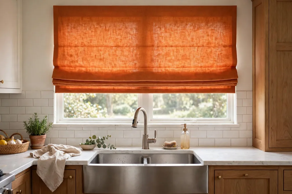 Orange roman shades on a kitchen window above a sink.