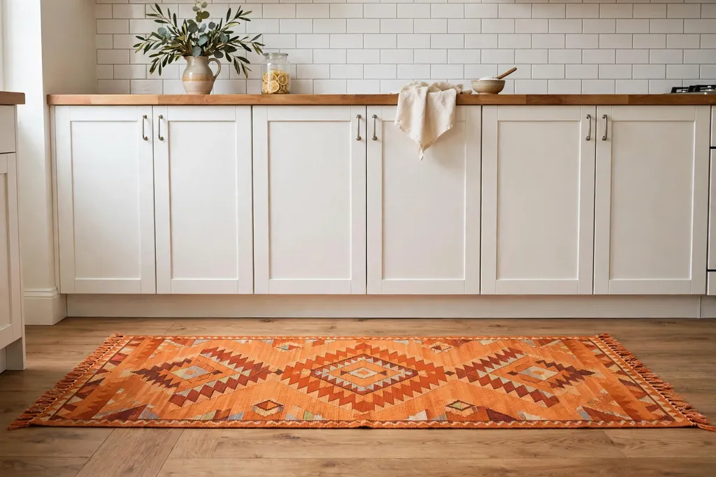 Orange patterned runner rug on a kitchen floor in front of white cabinets.