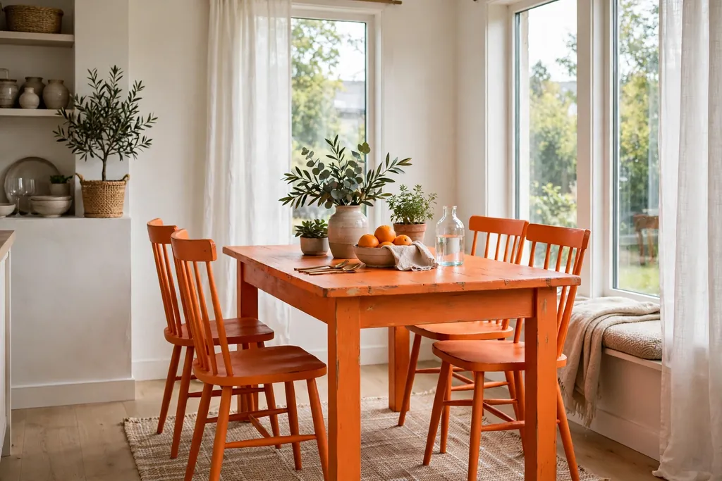 Orange painted kitchen table and chairs in a bright dining corner.