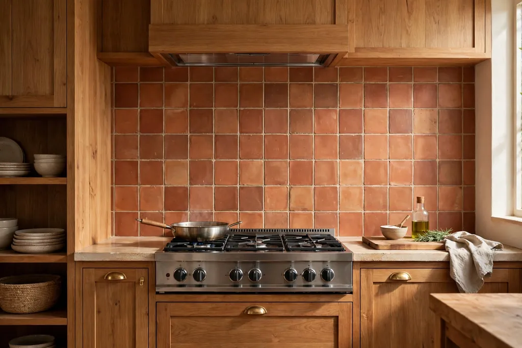 Terracotta tile backsplash behind a stove in a warm wood kitchen.
