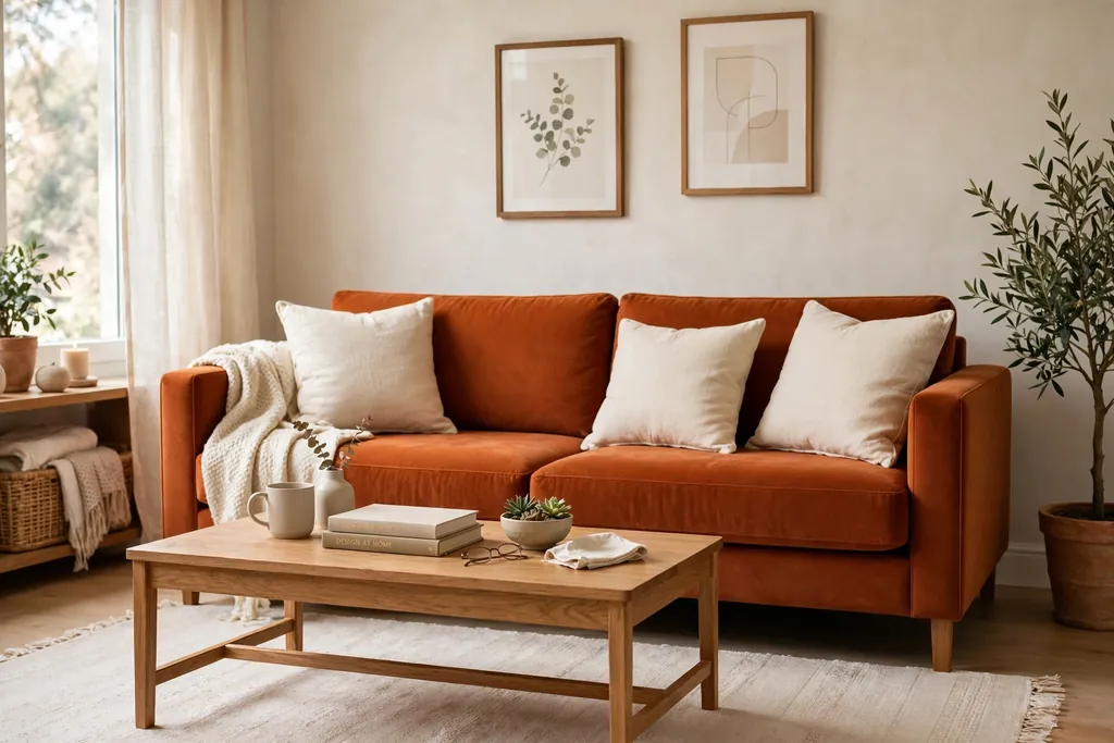 Living room with a burnt orange sofa