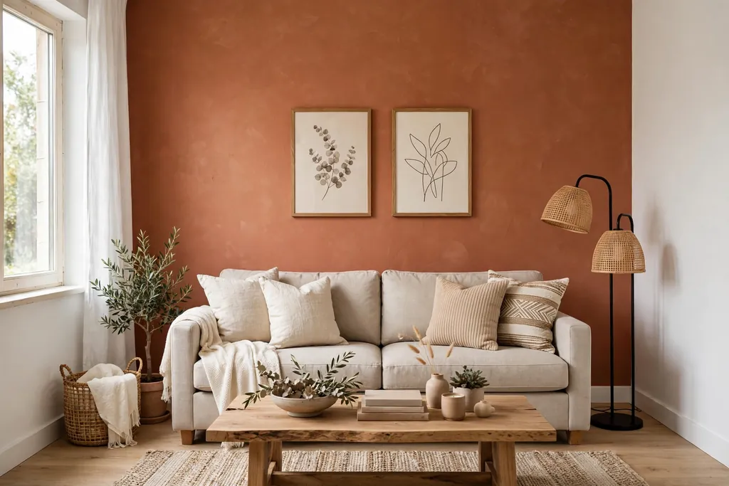 Living room with a terracotta accent wall behind a neutral sofa and white side walls.