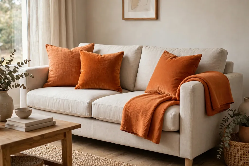 Neutral sofa styled with orange cushions in linen and velvet and a folded orange throw.