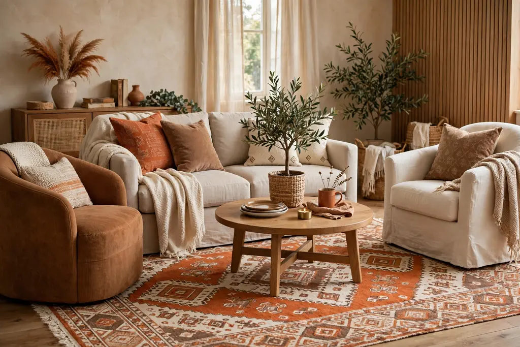 Living room seating group on a patterned rug in orange