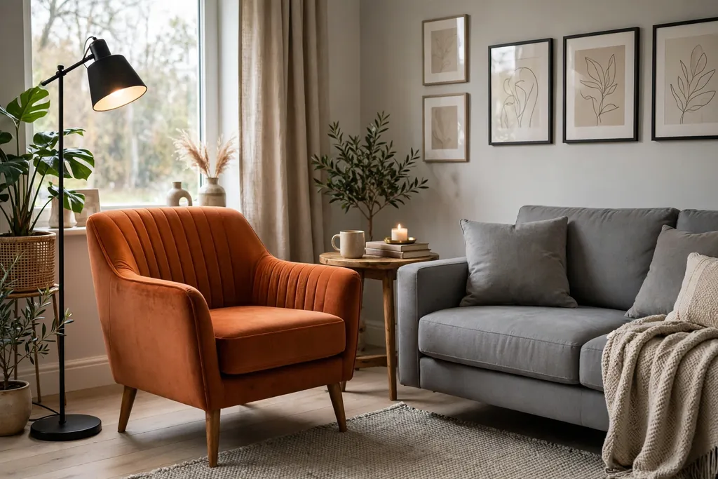 Living room with a single burnt orange armchair angled beside a grey sofa