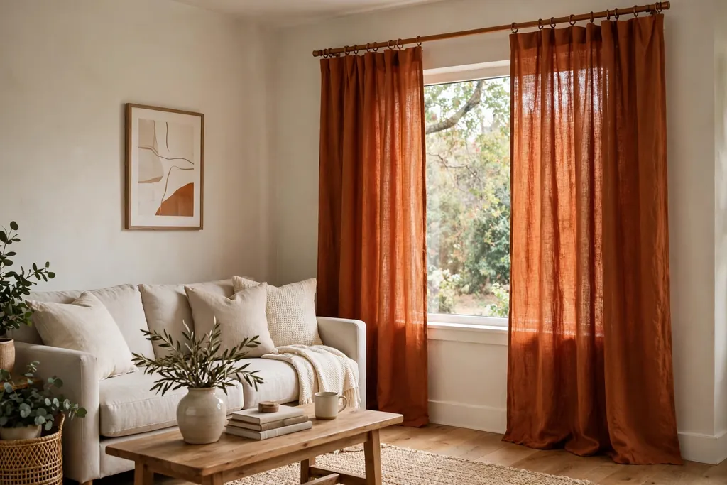 Living room window dressed in burnt orange linen curtains beside a neutral sofa.