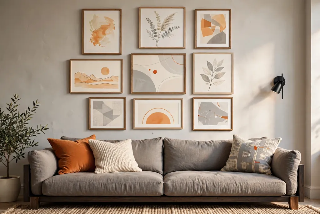 Living room wall above a sofa with a gallery wall of framed prints in orange