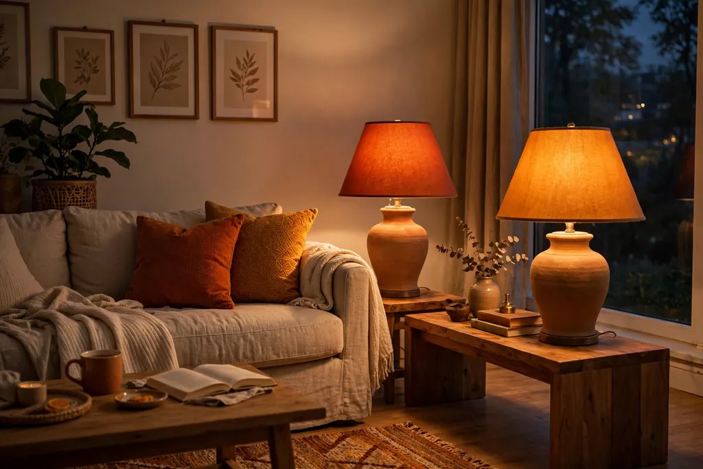 Living room in the evening lit by lamps with burnt orange and amber shades beside a sofa.