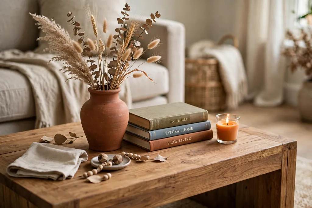 Wood coffee table styled with a terracotta vase