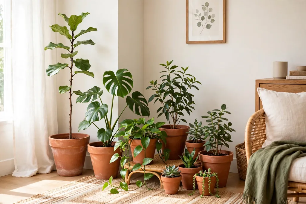 Bright living room corner with grouped terracotta pots and green plants in different heights.