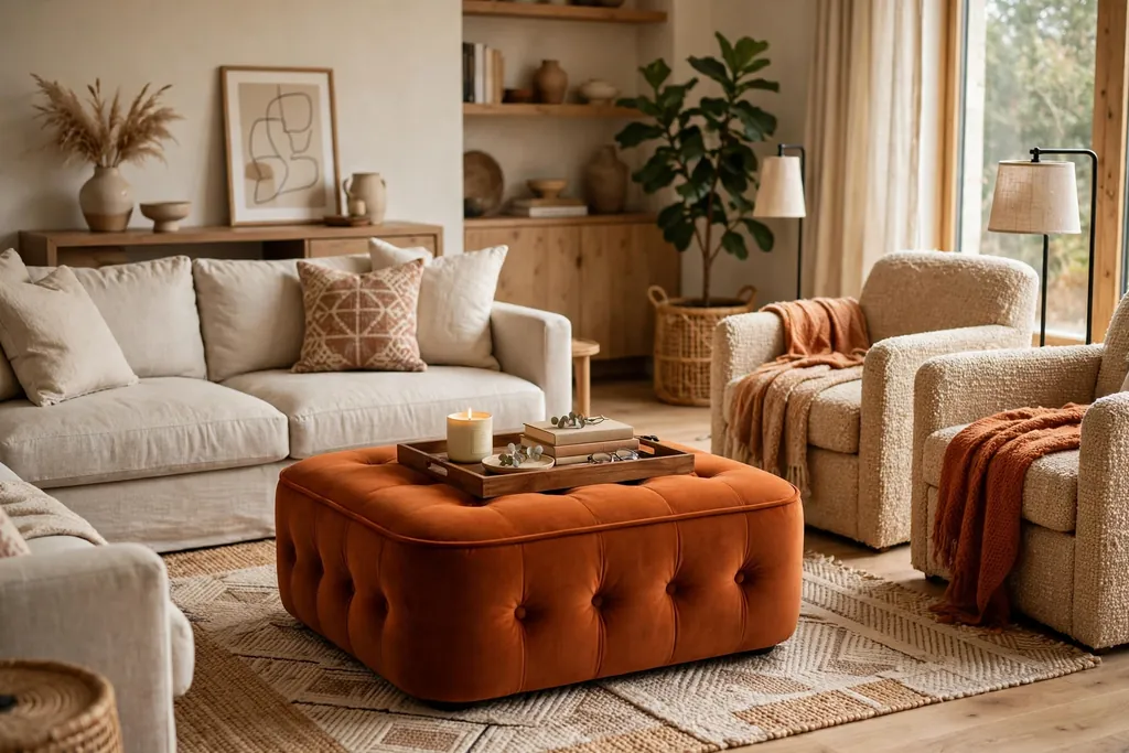 Living room with a burnt orange ottoman at the center of a seating group with a tray on top.