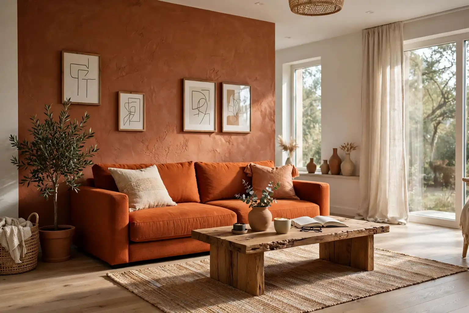 Wide living room with a burnt orange sofa
