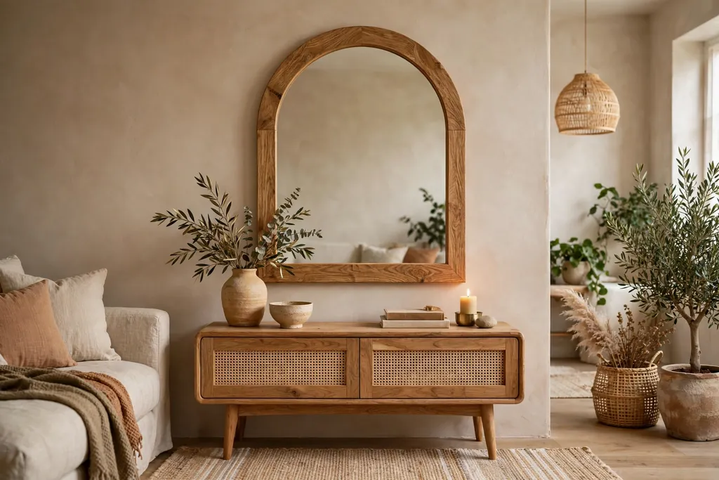 Arched mirror with a wood frame above a wood console.