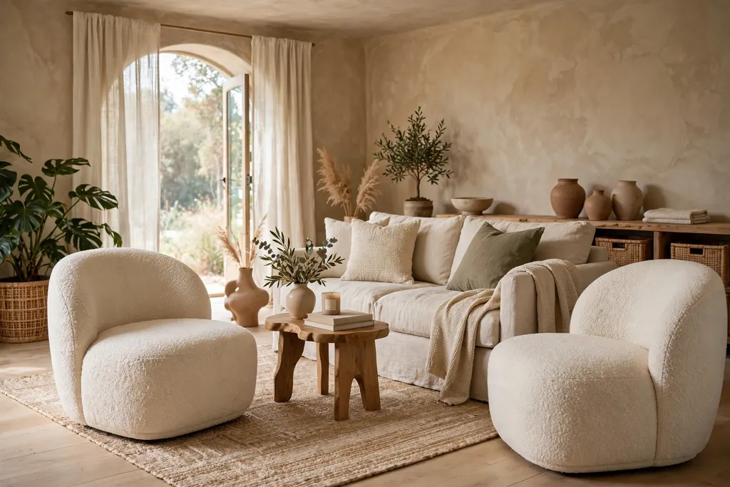 Cream boucle accent chairs beside a sofa with a small side table.
