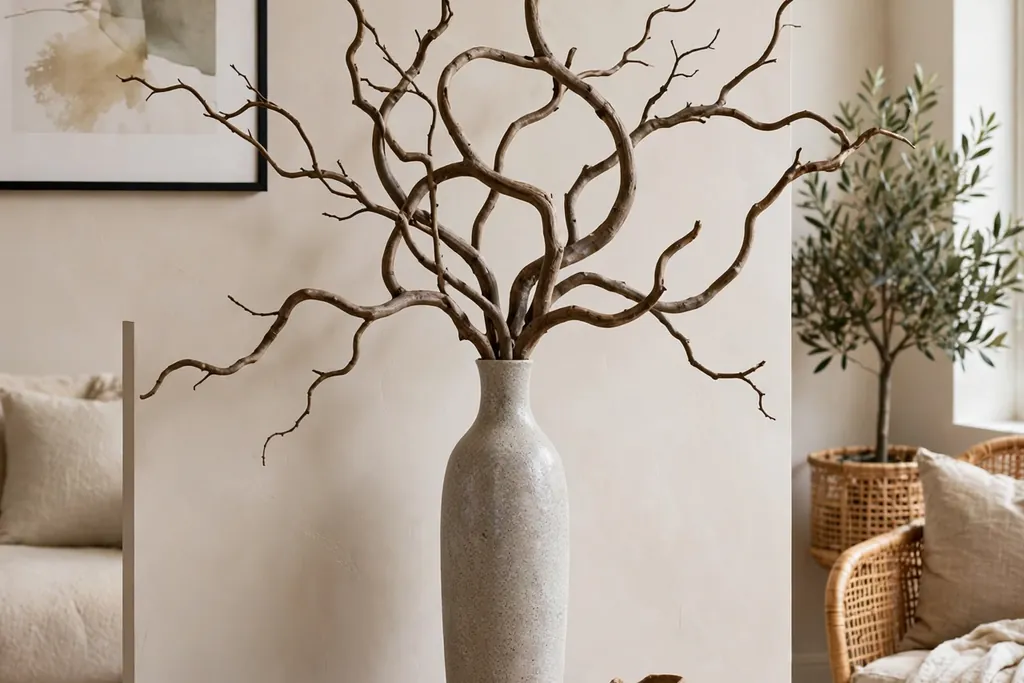 Sculptural branch arrangement in a tall vase on a console.