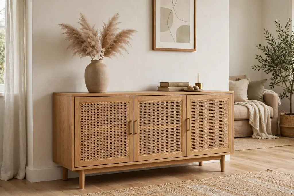 Cane front credenza in oak along a living room wall.