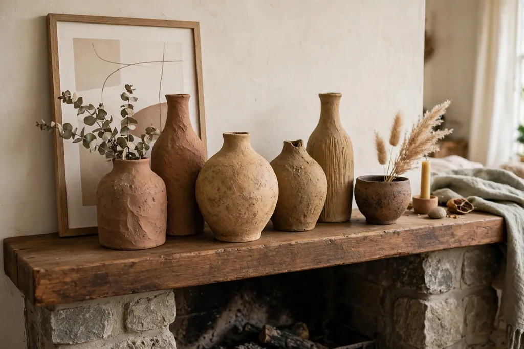 Handmade clay vases grouped on a living room mantel.