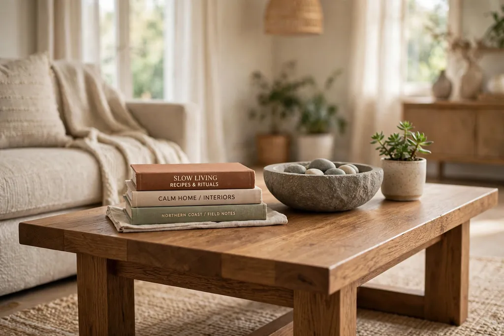 Coffee table styled with books, a stone bowl, and a small plant.