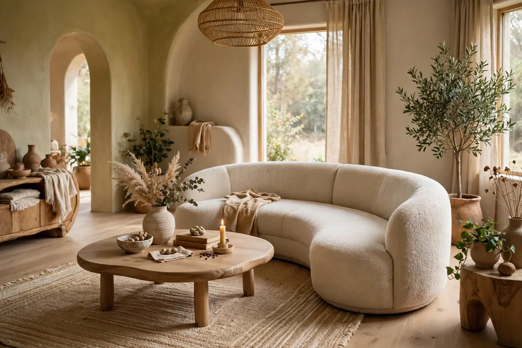 Curved oatmeal sofa with a round coffee table in a living room.
