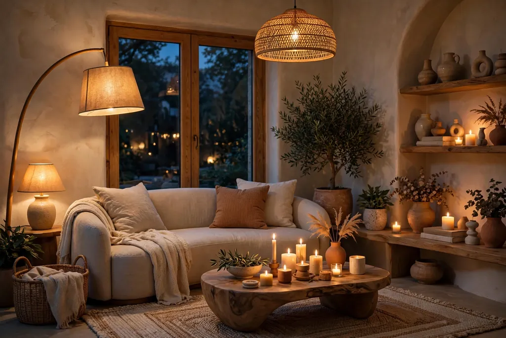 Living room in the evening with layered warm lamps and candles.