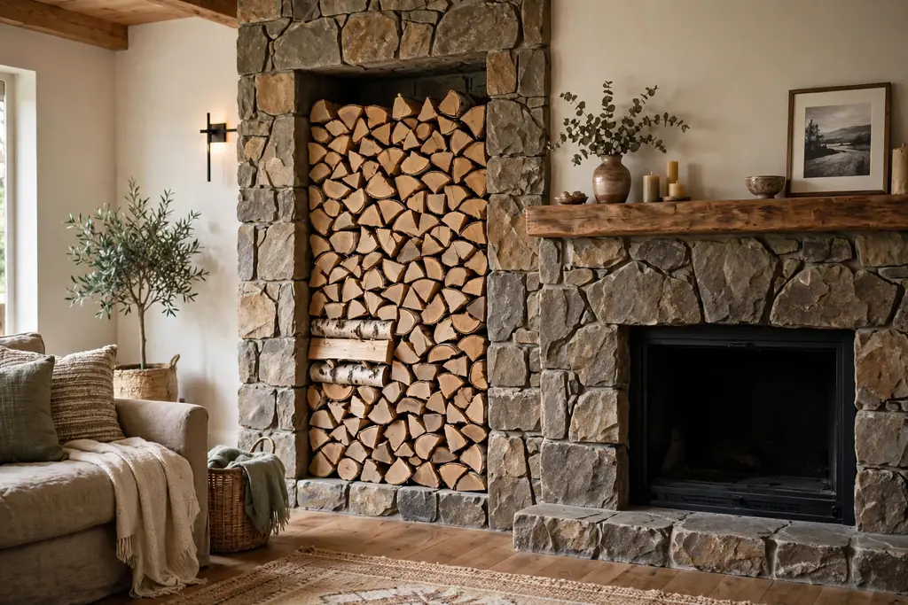 Firewood niche with neatly stacked logs beside a fireplace.