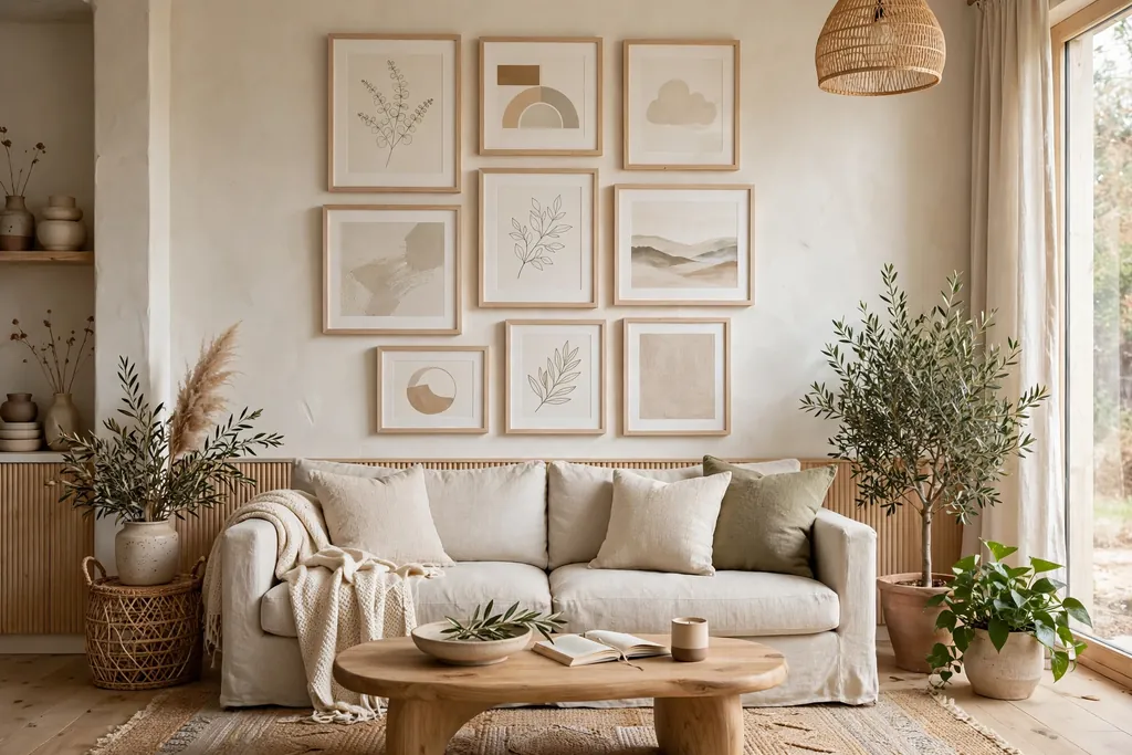 Gallery wall in pale wood frames above a sofa.