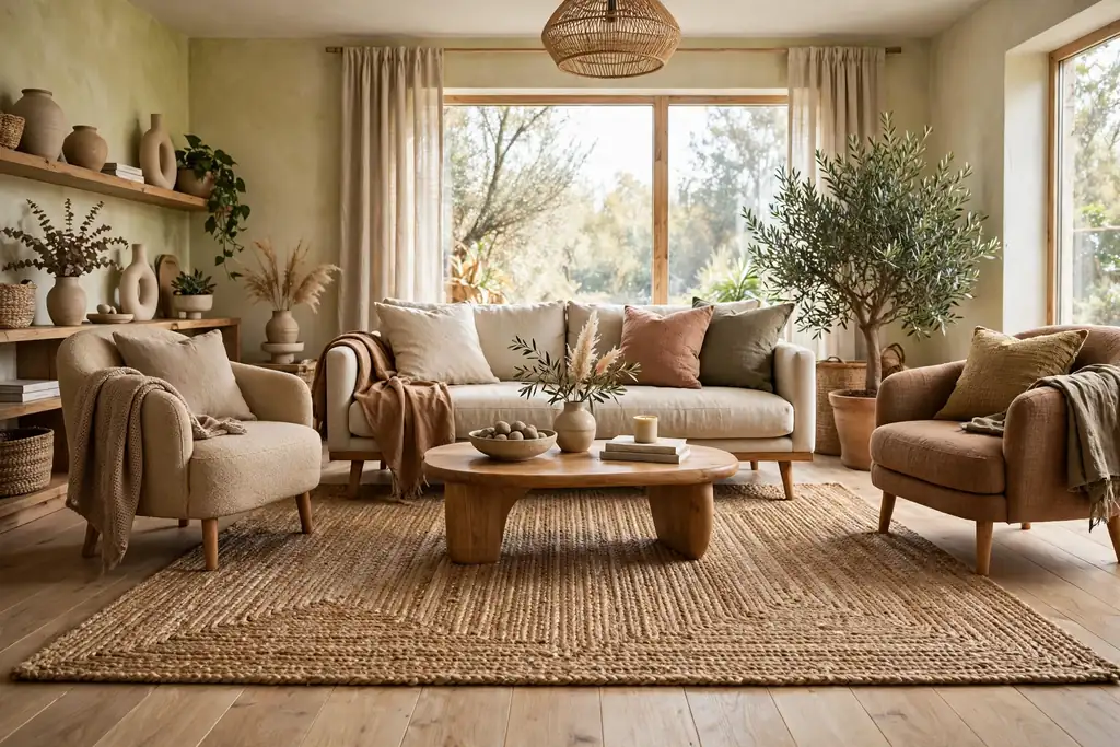 Large jute rug under a sofa and chairs in a living room.