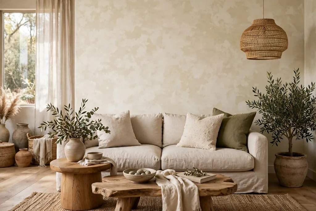 Limewash feature wall in warm white behind a living room sofa.