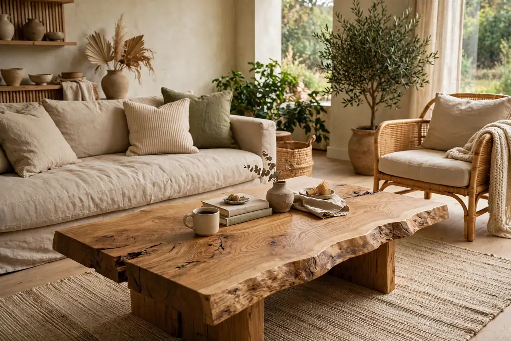 Live edge oak coffee table with visible wood grain in a living room.