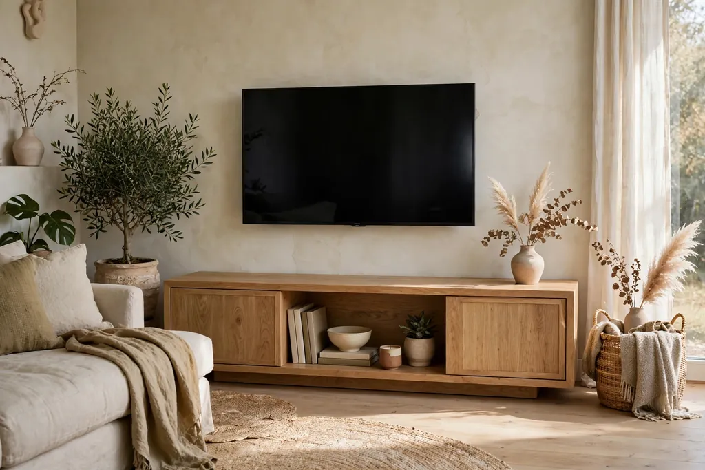 Low oak media console under a television in a calm living room.