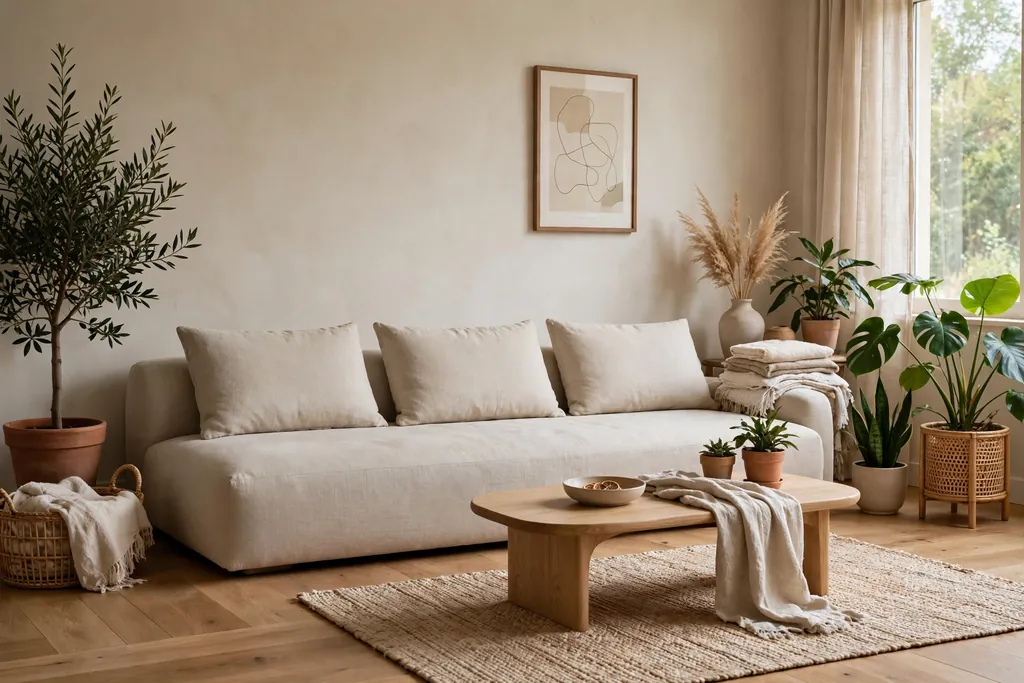 Low oatmeal linen sofa with plain cushions in a calm living room.
