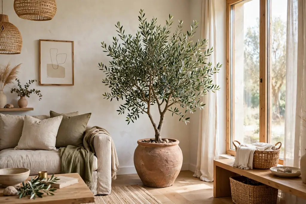 Olive tree in a large clay pot in a bright living room corner.
