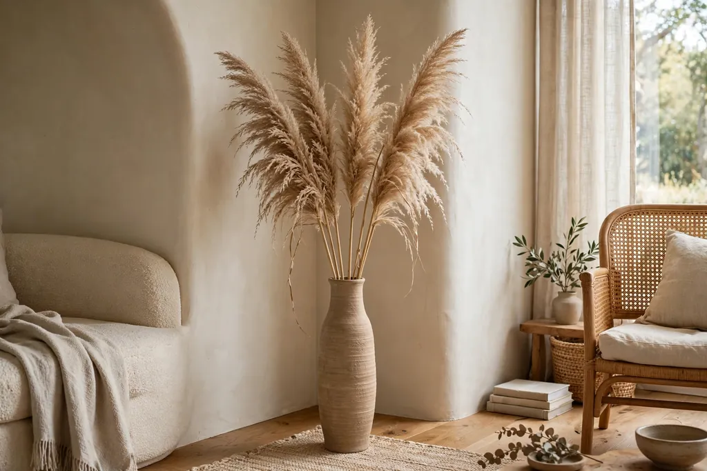 Dried pampas stems in a tall floor vase in a living room corner.