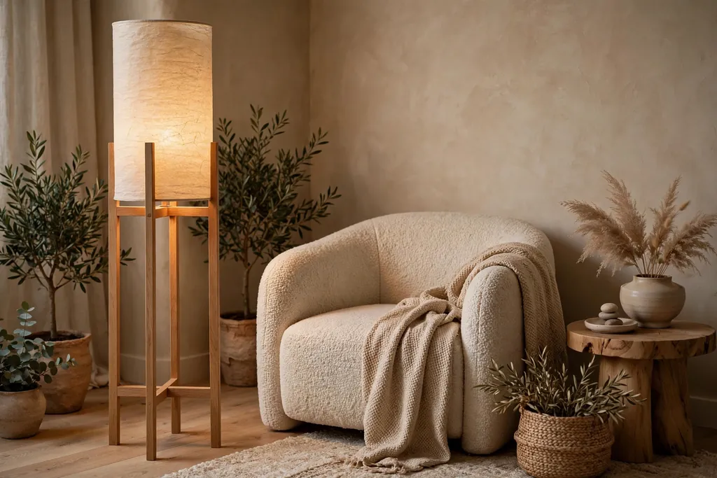 Paper and wood floor lamp beside an armchair in a living room corner.