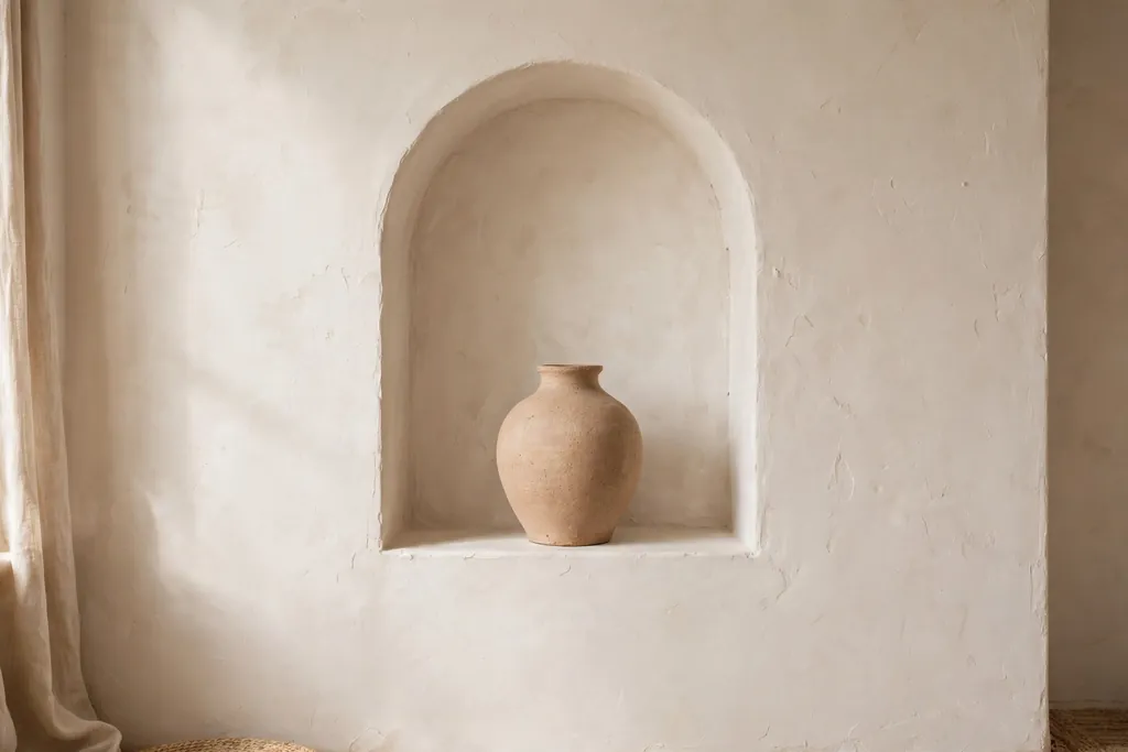 Plaster arch niche holding a single vase in a living room wall.