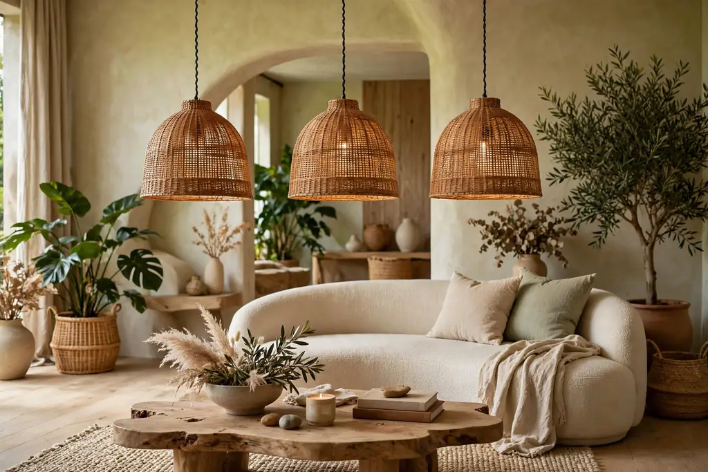 Rattan pendant lights hanging over a coffee table in a living room.