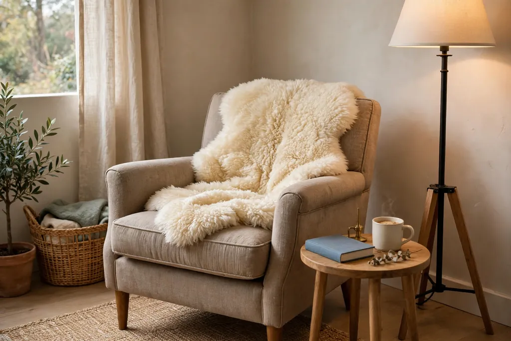 Reading chair with a sheepskin throw and a side table in a corner.