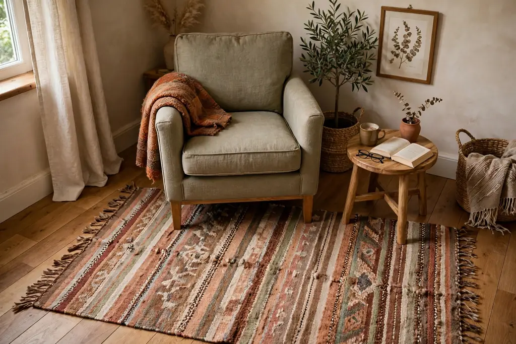 Handwoven wool rug under a reading chair and side table.