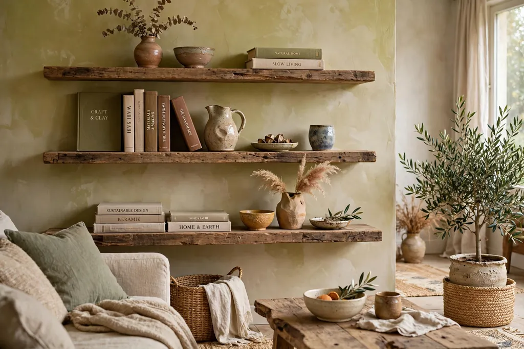 Reclaimed wood shelves with books and ceramics in a living room.