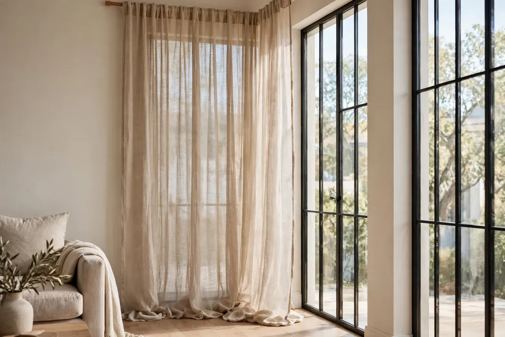 Sheer linen curtains falling to the floor beside a tall living room window.