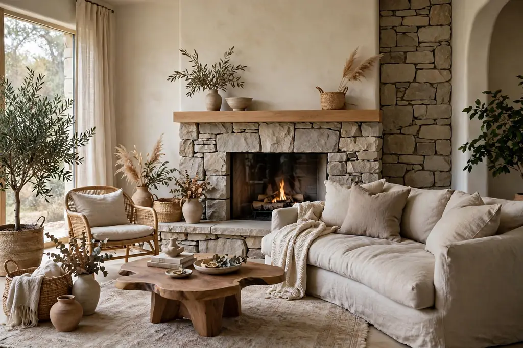 Stone fireplace surround with a simple mantel in a living room.