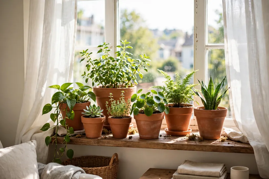 Group of terracotta pots with plants by a bright living room window.